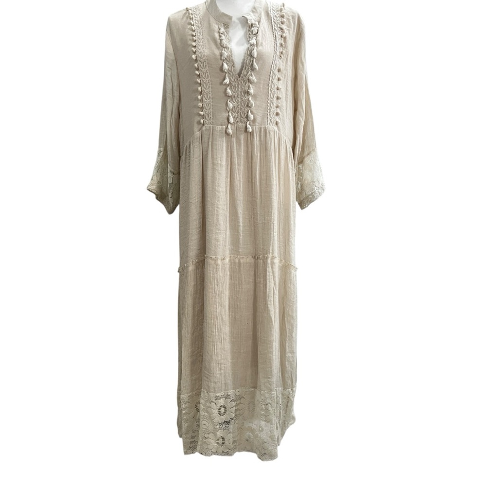 Women’s Natural Beige Boho Lace Tiered Tassled Gauze Flowy Hippie Maxi D…